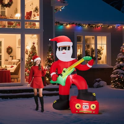 7.5FT Lighted Christmas Black Santa Playing Electric Guitar Inflatable Decoration