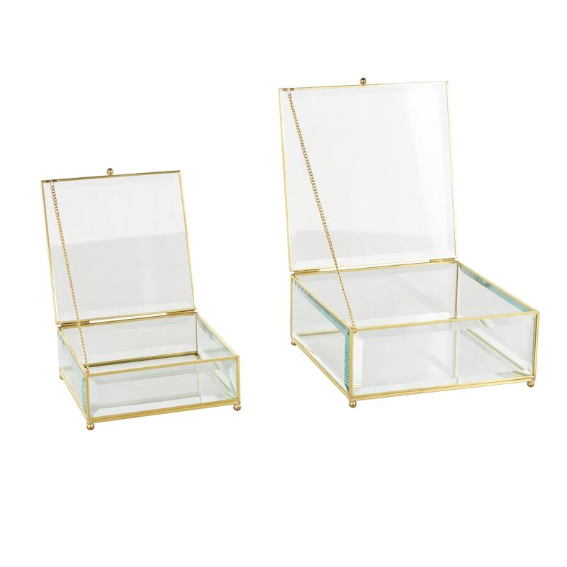 Glass Beveled Decorative Jewelry Box with Gold Metal Frame and Chain Accent - Set of 2 Clear - Roche River Decor