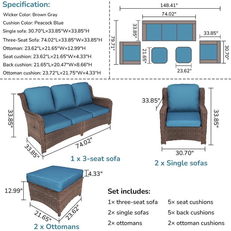 5-piece Patio Furniture High Back Conversation Set with Peacock Blue Cushions