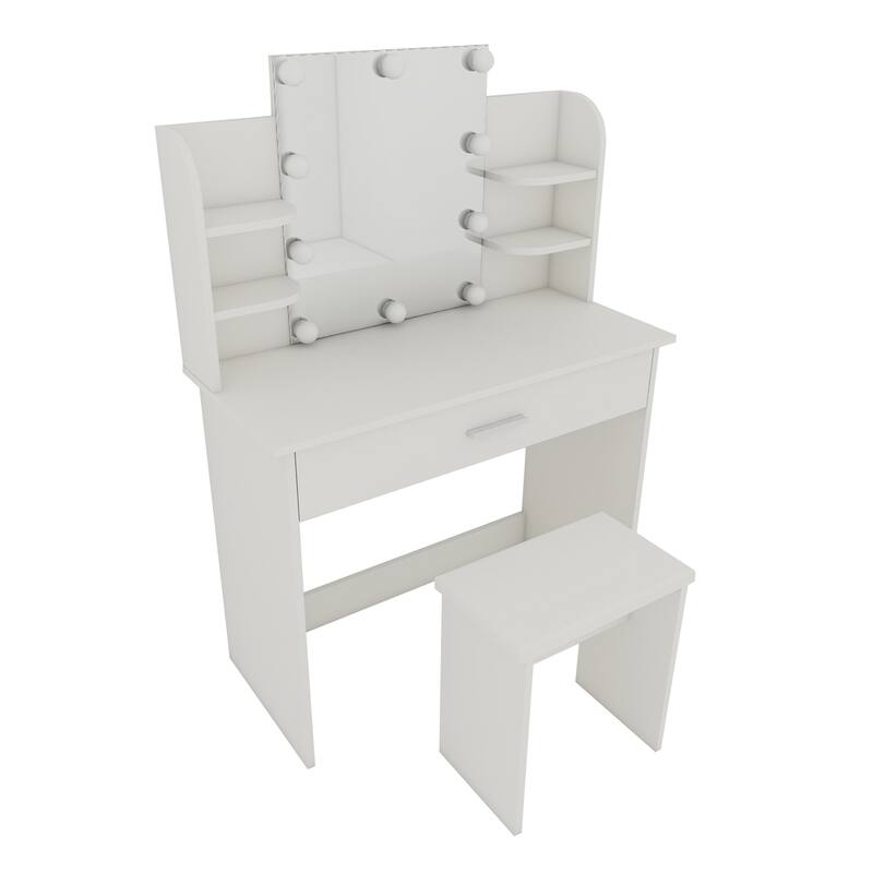 Modern Wood Vanity Table with Mirror,Drwer and Seat