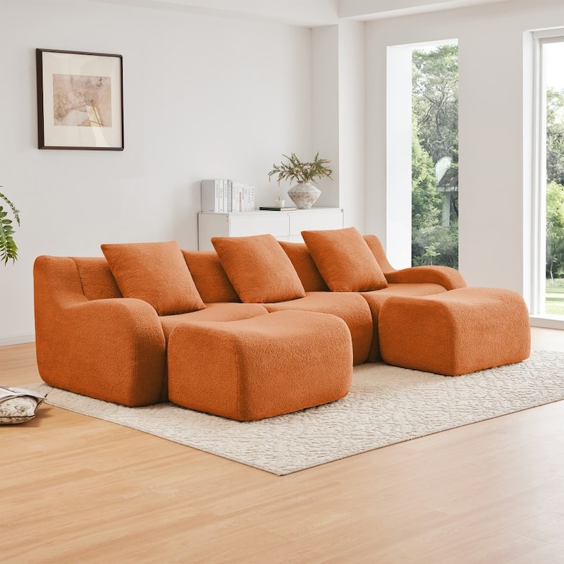 115.3" U-shaped Soft Teddy Fabric Boneless Sectional Sofa for Relaxed