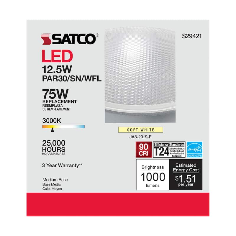 12.5 Watt PAR30SN LED 3000K 60 deg. Beam Angle Medium base 120 Volt - Clear