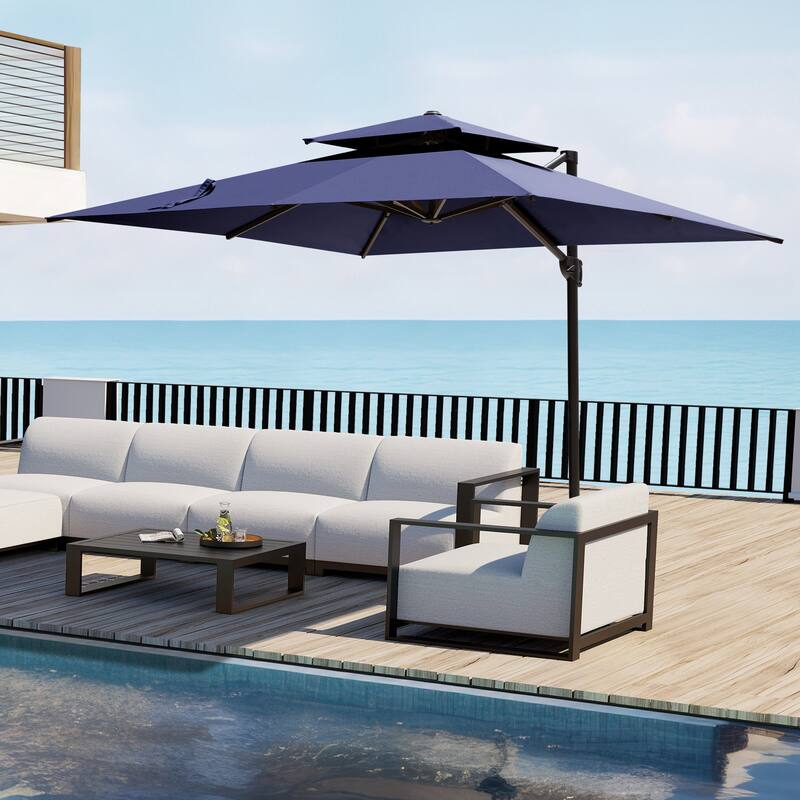 Outdoor Patio Cantilever Offset Umbrella 10 ft Square Double Top without Base - Navy Blue