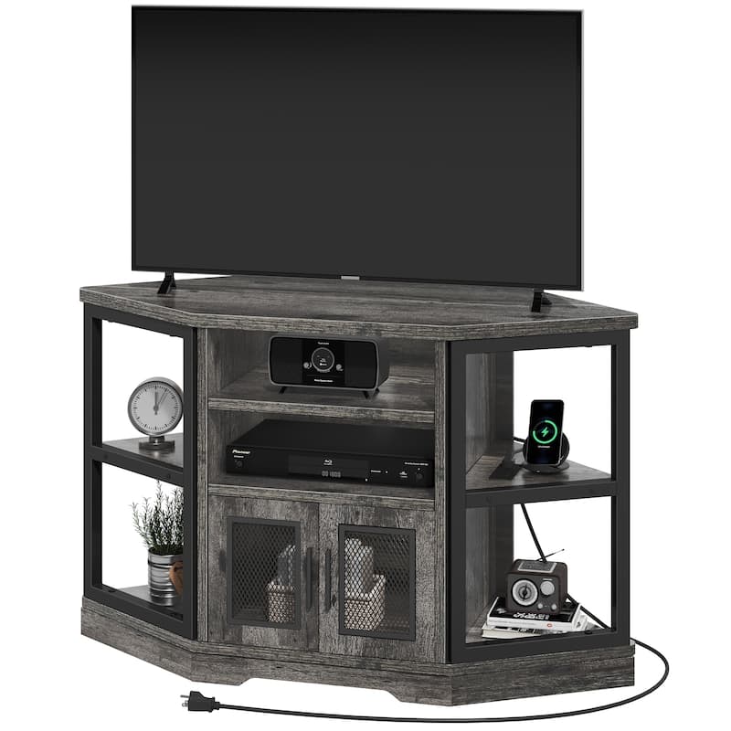 Moasis Farmhouse Corner TV Stand for TVs up to 55" Wood TV Media Console Entertainment Center - Grey Oak