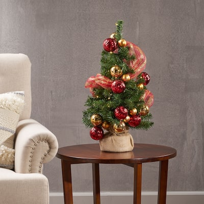 Red/Gold Burlap Tree with 50 Warm White LED Lights - Battery Operated