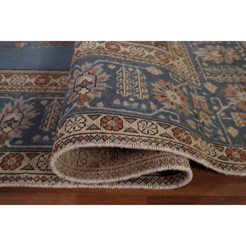Blue Geometric Tabriz Persian Vintage Rug Hand-Knotted Wool Carpet - 9'6" x 13'1"
