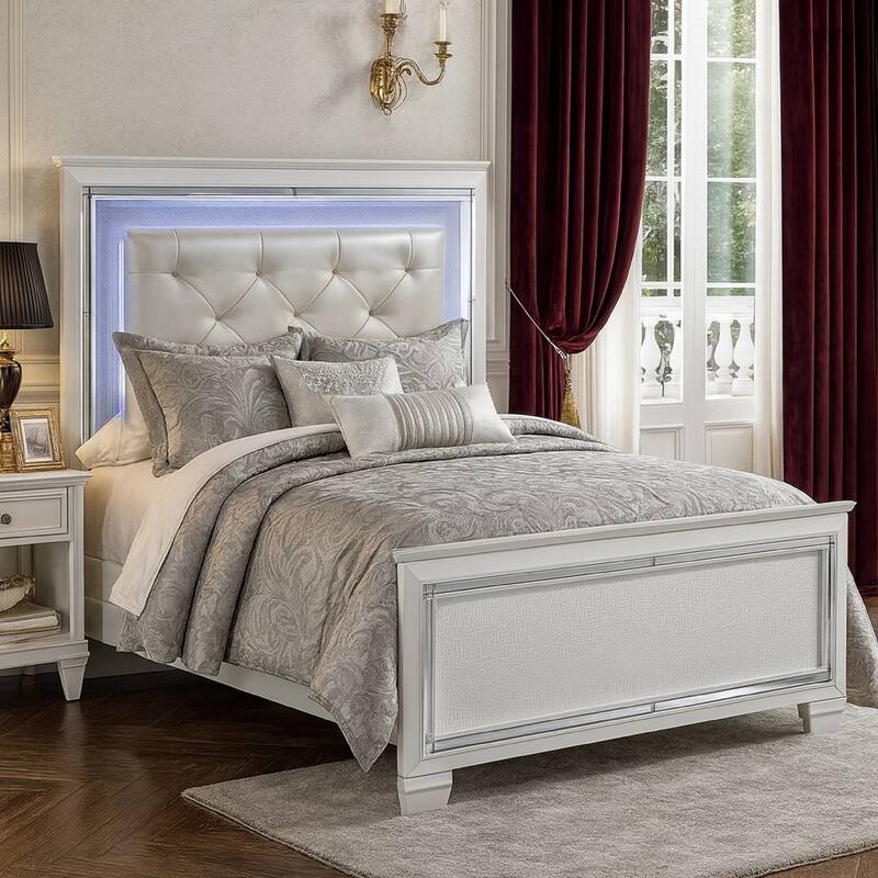 Noah Contemporary Queen Bed, LED Backlit Crystal Tufted Headboard, White