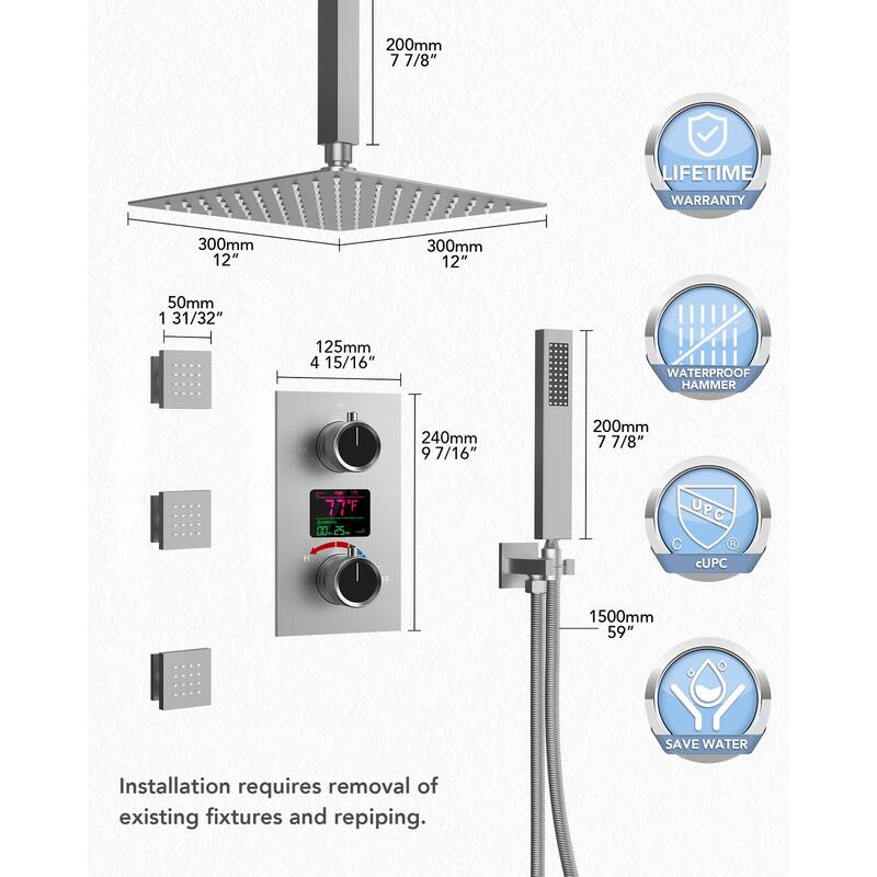 Celling Mounted 12 in Rain Shower Head LCD Digital Thermostatic Shower System Faucet Set with 3 Body Jets