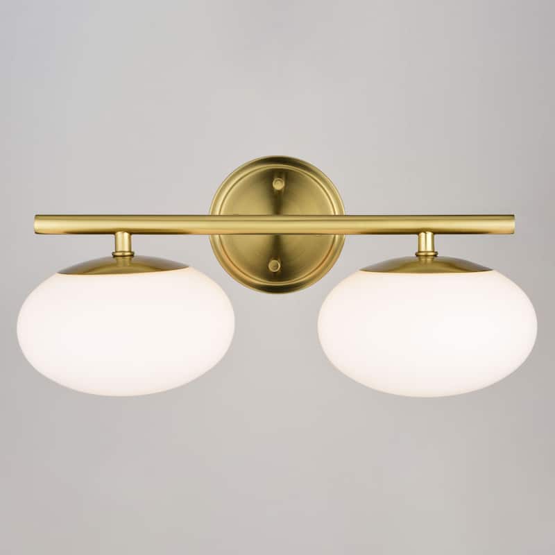 Sloane LED Gold Satin Brass Mid-Century Modern Bathroom Vanity Wall Fixture with White Glass Globes