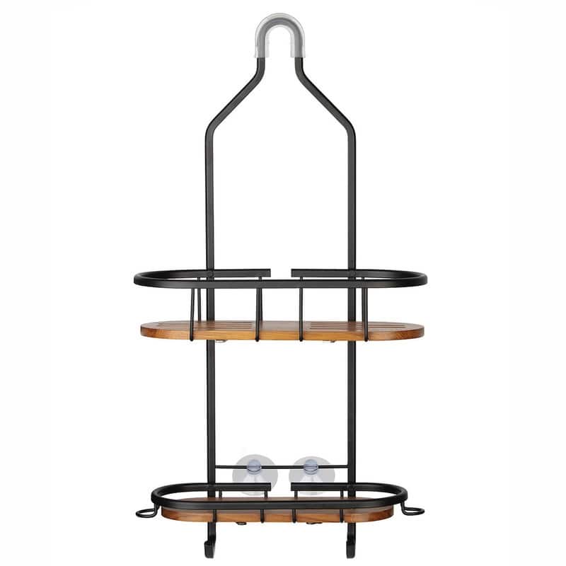 Utopia Alley Tia Rustproof Teak Overhead Shower Caddy with 2 Shelves, Hanging Shower Head Organizer, Chrome & Matte Black Finish - Black - 11*5*20.5"