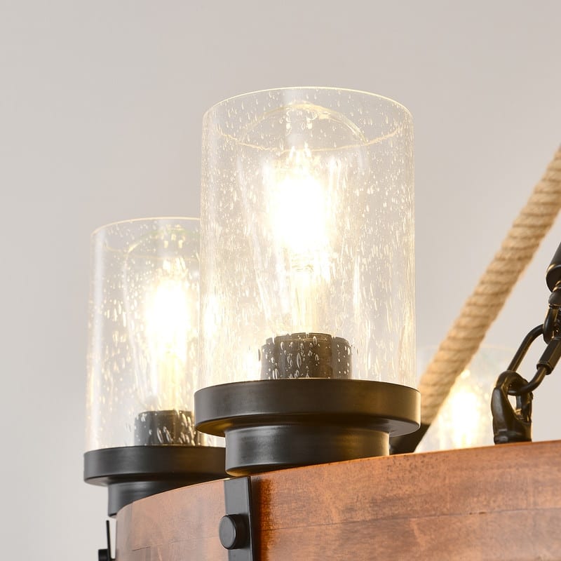 Farmhouse Wagon Wheel Chandelier Round Wood Pendant Lighting Fixture for Dining Room