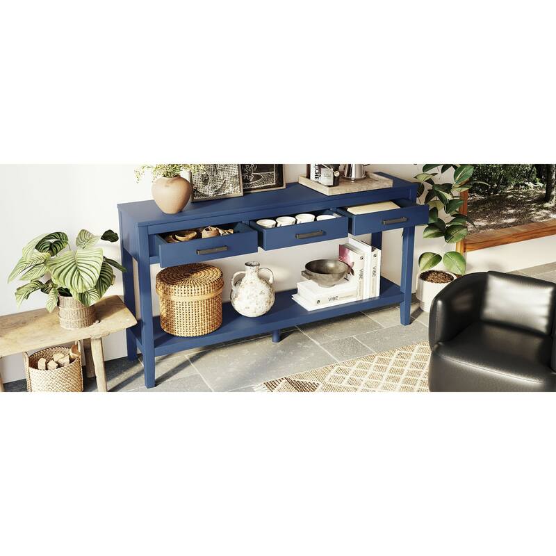 Roomfitters 59.1" Farmhouse Entryway Table with 3 Drawers, Slim Console Sofa Table with Open Shelf for Hallway