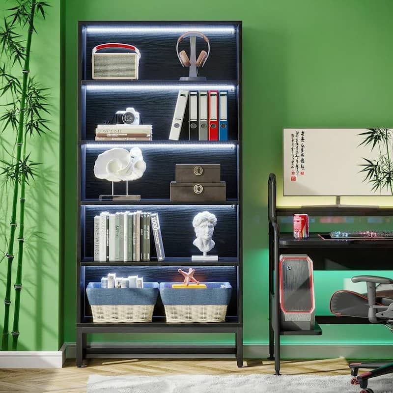 5-Tier Tall Bookshelf with LED Lights Adjustable Shelves Heavy Duty Metal Frame for Home Office Library Storage