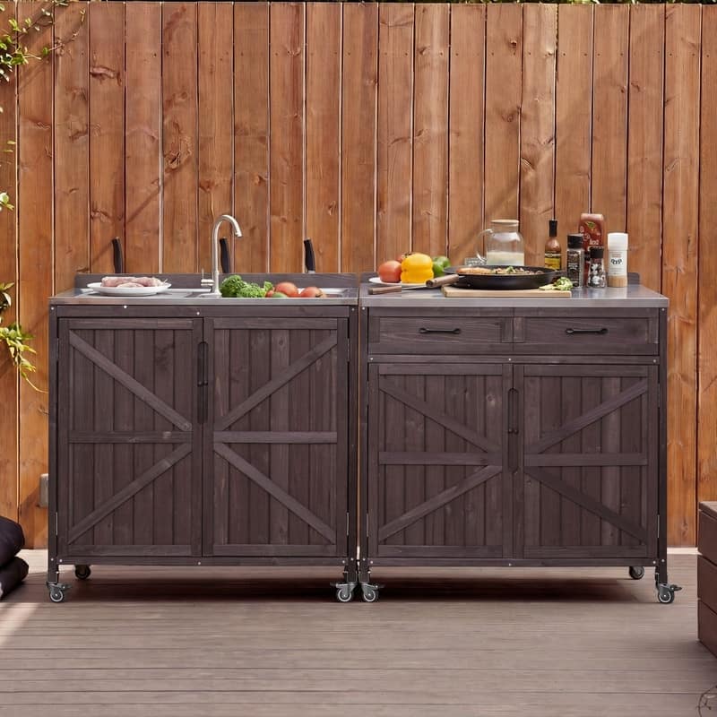 2-Piece Outdoor Kitchen Island Set with Stainless Steel Top and Sink, Drawer and Cabinets for Outdoor Storage w/ Wheels - Dark Brown