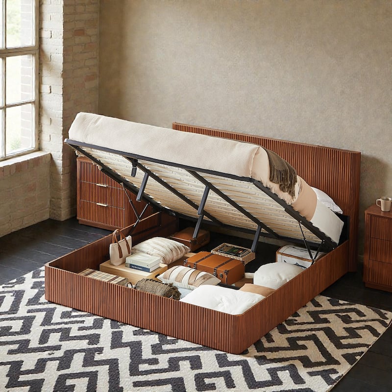 Lift Up Storage Platform Bed with Hydraulic Mechanism, Curved Corrugated Wooden Panels, No Box Spring Required