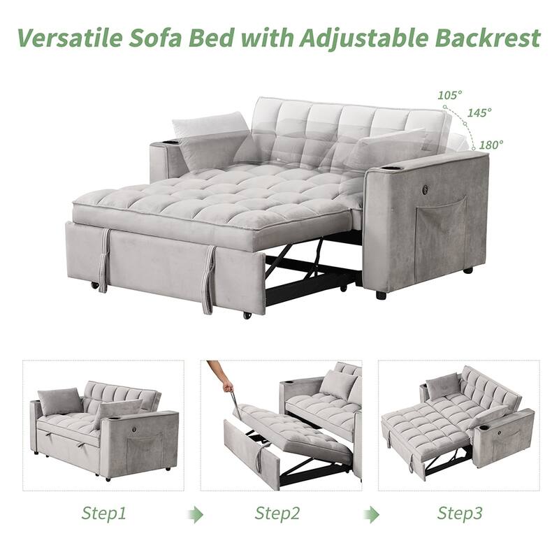 58" 4-in-1 Convertible Sofa Bed, Cup Holder and USB Port Included