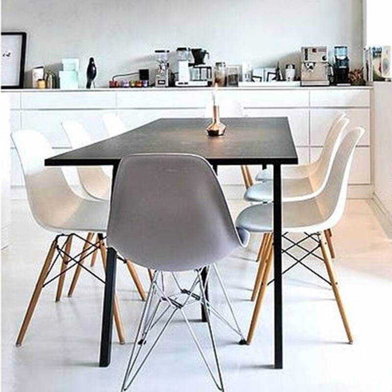 Set of 2 White Molded Plastic Dining Chairs Mid-Century Modern Armless Side Chairs with Chrome Eiffel Legs for Kitchen or Office