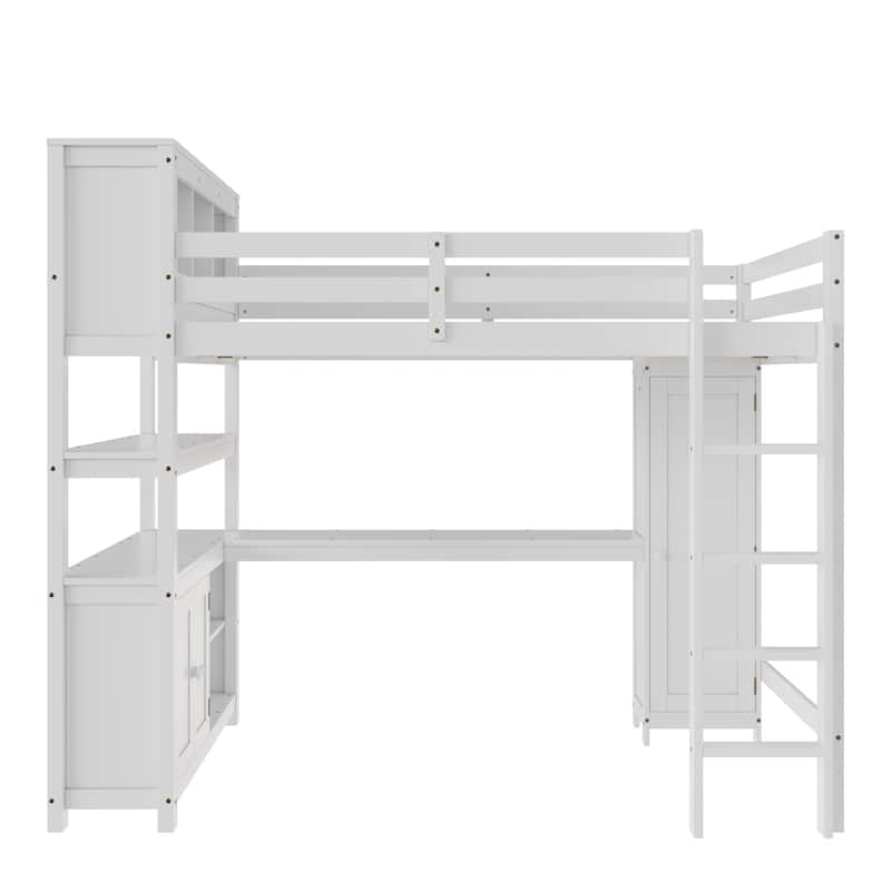All-in-One Queen Size Loft Bed with L Shape Desk, Bookcase Headboard, Storage Cabinet and Built-in Wardrobe with Hanging Pole