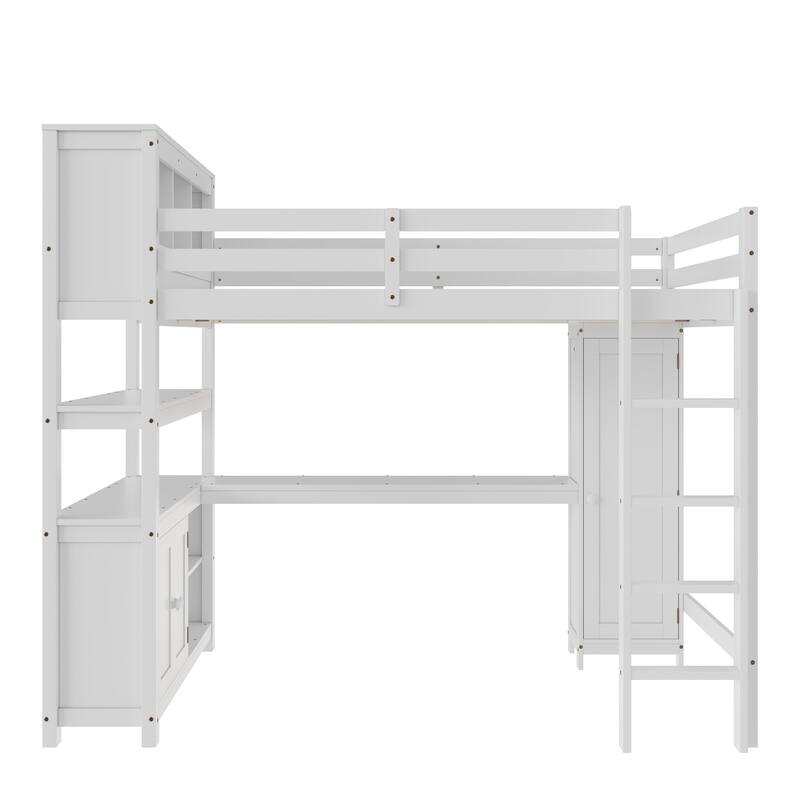 Wood Loft Bed with Cabinet and Bookshelf, Queen Size Loft with Wardrobe and Desk for Kids