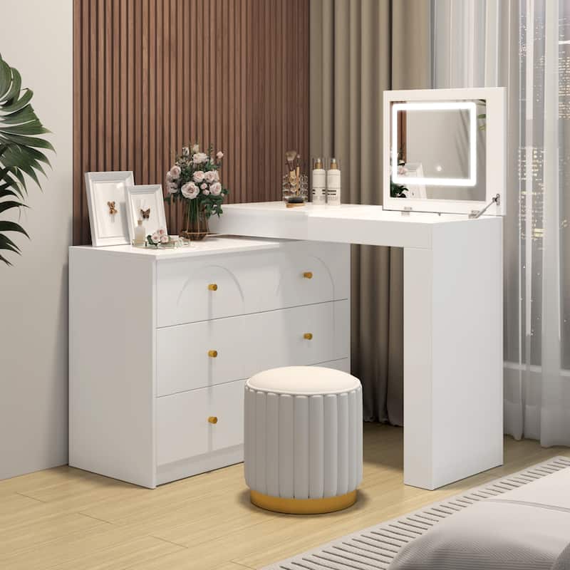 Vanity Desk with Mirror and Lights, Makeup Vanity Table with Flip-Top Tabletop and Storage 7 Drawers, 9 Compartments, 3 Shelves