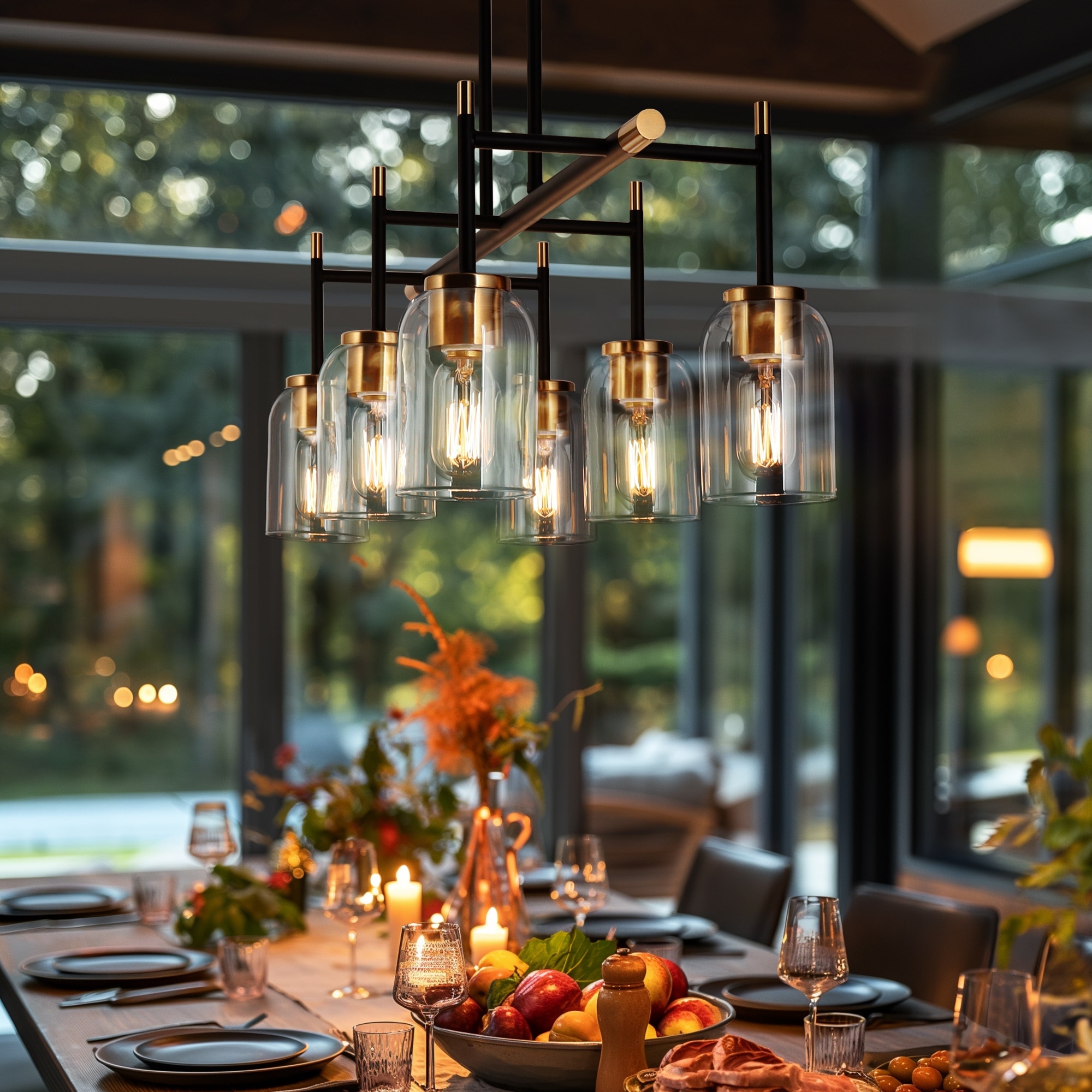 Modern Farmhouse 6-Light Black Gold Linear Chandelier with Clear Glass Shades for Kitchen Island and Dining Table