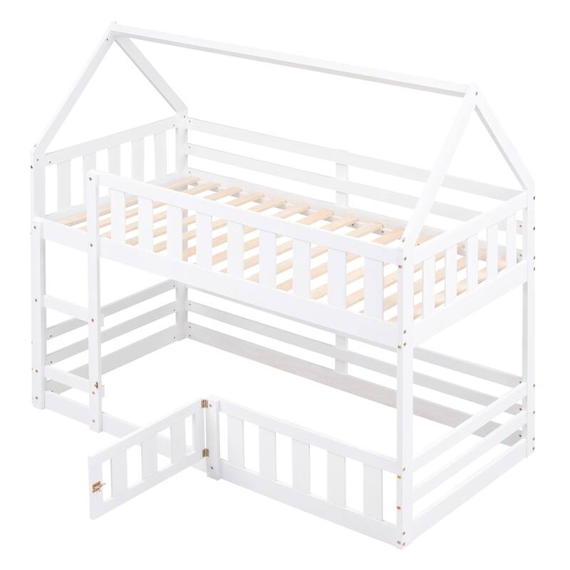 Roomfitters Twin Over Twin House Bunk Bed with Fence Guardrails and Door, White