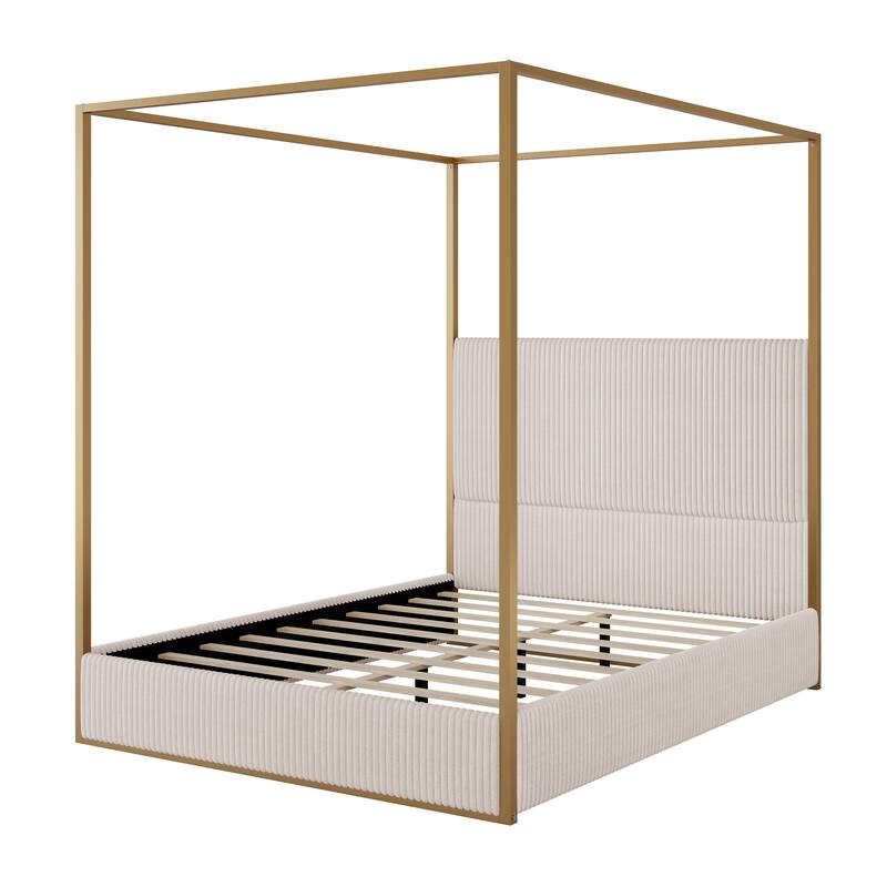Queen/King Modern Luxury Metal Canopy Bed with Tall Corduroy Upholstered Headboard and Gold Four Poster, No Box Spring Needed