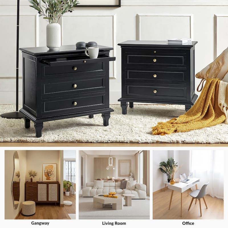 Muriel Farmhouse 3 Drawers End Table with Built-In Outlets nad Pull-out Shelf Set of 2 by HULALA HOME