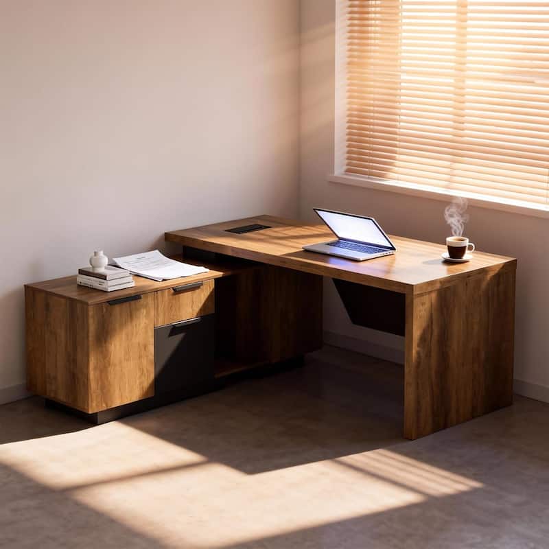 WESOME Retractable L-Shaped Executive Desk with Cable Management Drawers and Lateral File Cabinet
