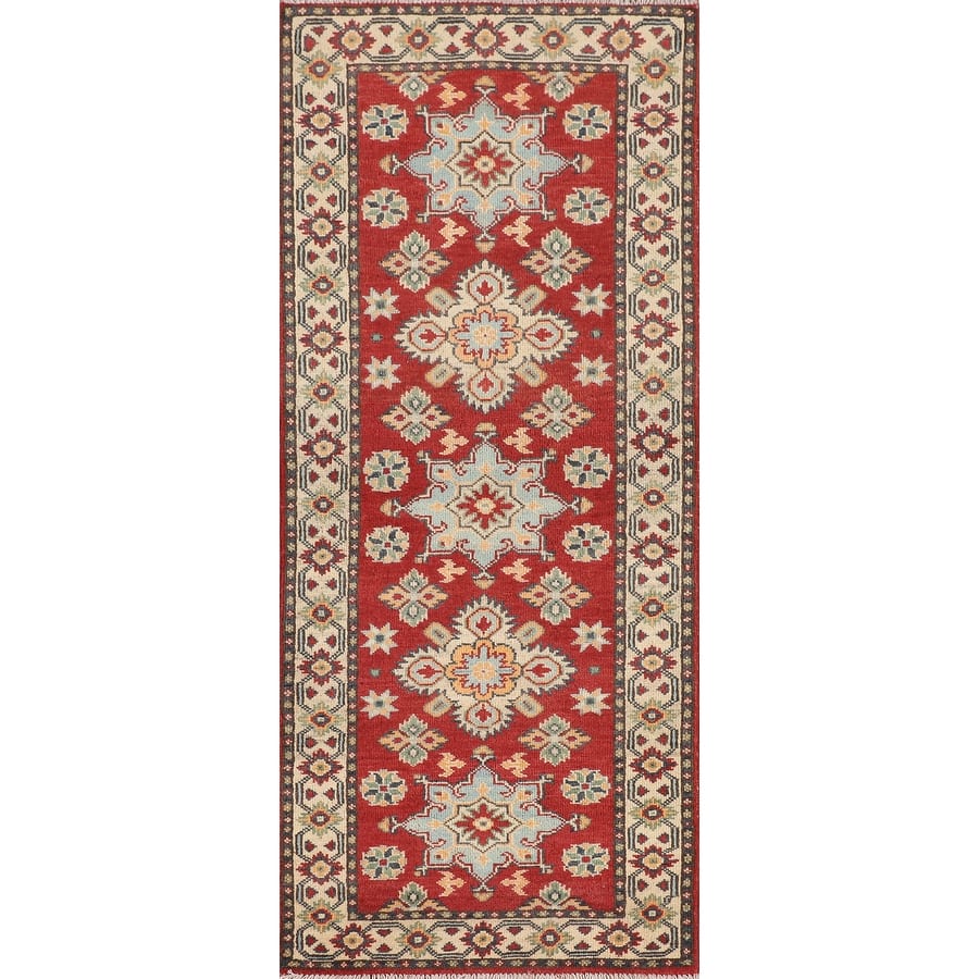 Geometric Red Kazak Runner Rug Hand-Knotted Wool Carpet - 2'1" x 6'0"