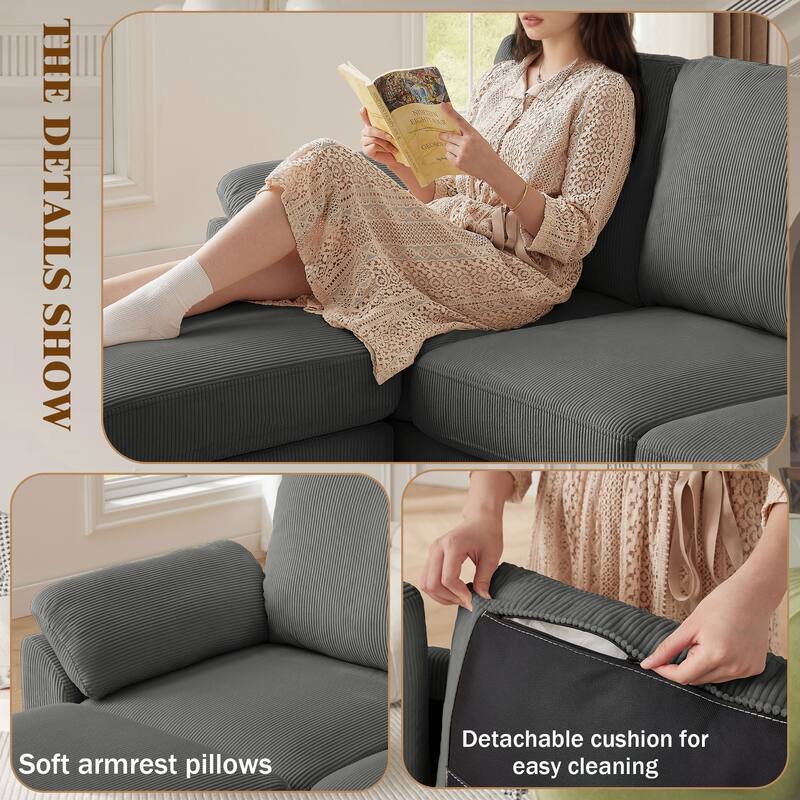 79.72" Corduroy 3 Pieces Living Room Sets Including Sectional Sofa with Storage Ottoman & Side Pockets & Armchair Set
