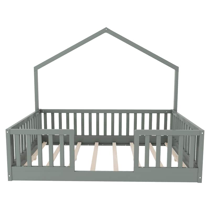 Full Floor Bed with High Rails, Wooden Montessori Bed with Light for Kids, Boys and Girls