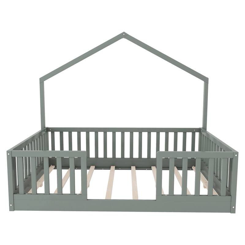 Wooden Floor Bed House-shaped Frame, Montessori Floor Bed with Light and High Rails, Wood Slat Support Floor Daybed