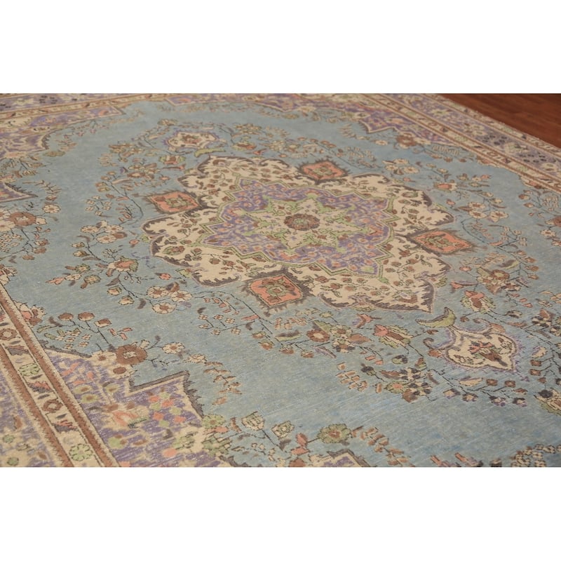 Light Blue Medallion Tabriz Persian Rug Floral Handmade Wool Carpet - 9'10"x 12'4"