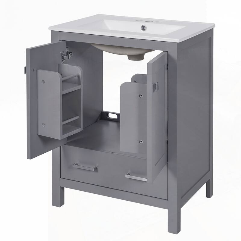 bathroom vanity with integrated undermount basin and a storage cabinet featuring 2 doors and 1 drawer