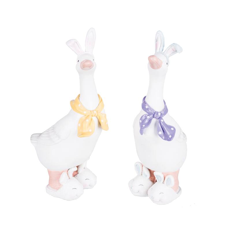 Geese w/ Easter Bunny Ears Cute Decorative Figure Figurine Figure Figurines, Set of 2