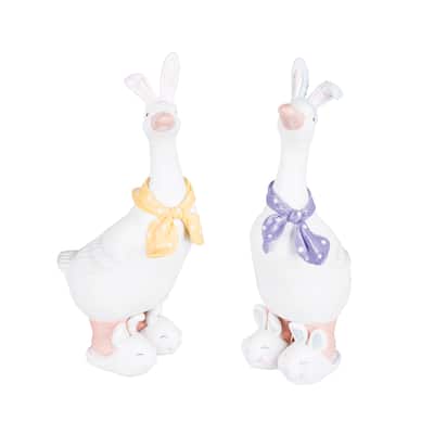 Geese w/ Easter Bunny Ears Cute Decorative Figure Figurine Figure Figurines, Set of 2