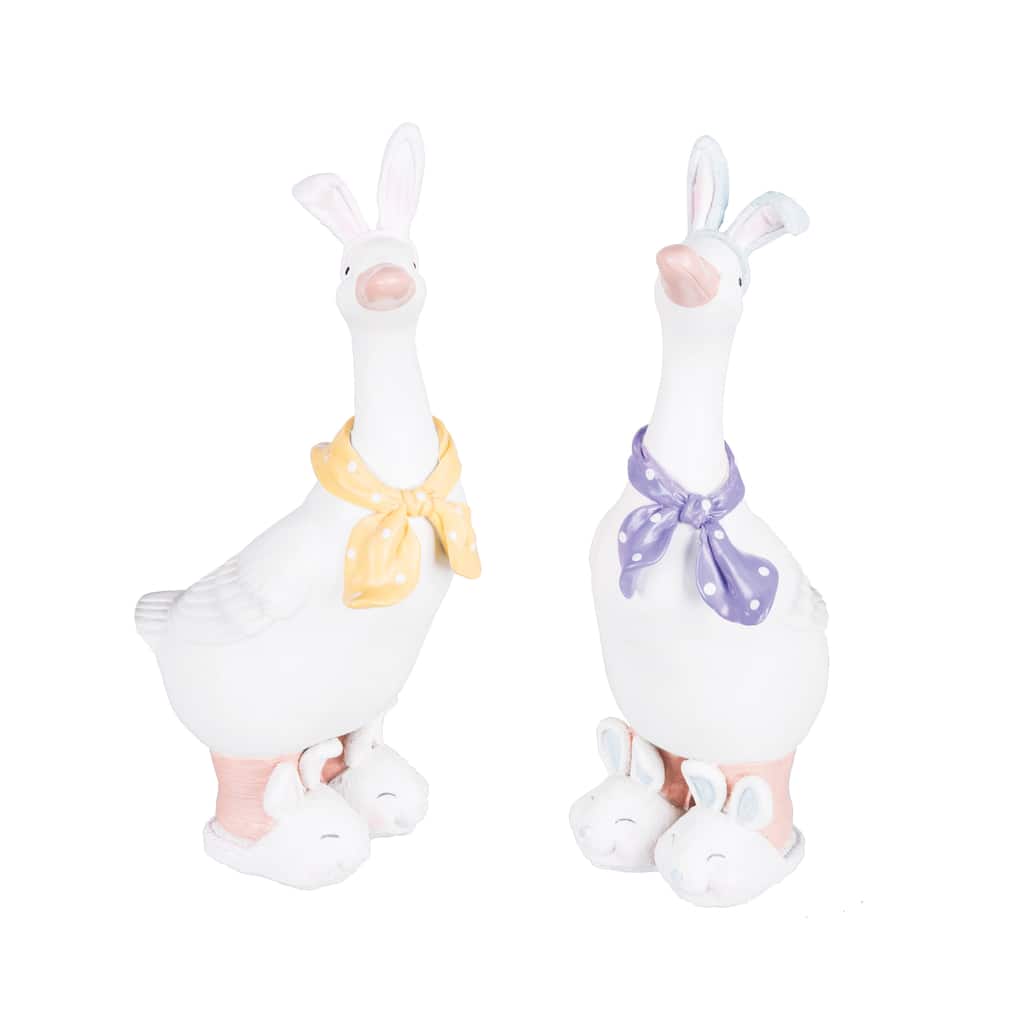 Geese w/ Easter Bunny Ears Cute Decorative Figure Figurine Figure Figurines, Set of 2