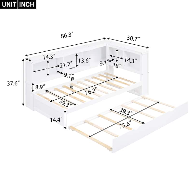 Twin Size Daybed with Trundle, Storage Cabinets and USB Ports, White - N/A