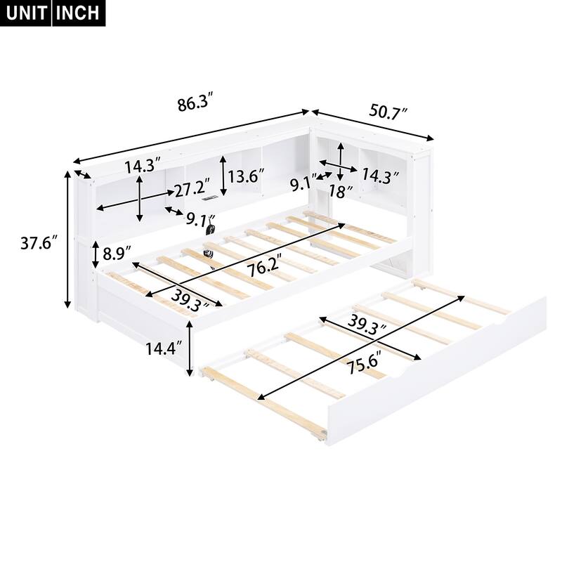 Twin Wooden Daybed with Trundle, Cabinets, and Charging Stations