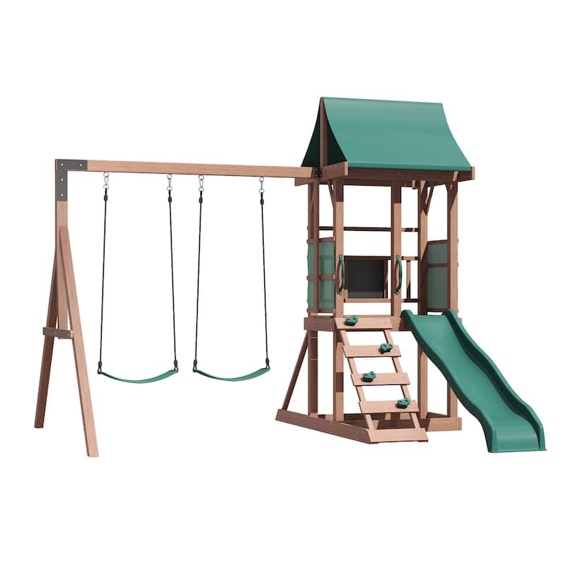 EROMMY 4-in-1 Wooden Swing Set – Backyard Playset w/ Slide, Climbing Wall, 2 Swings & Blackboard | Safe Outdoor Fun for Kids