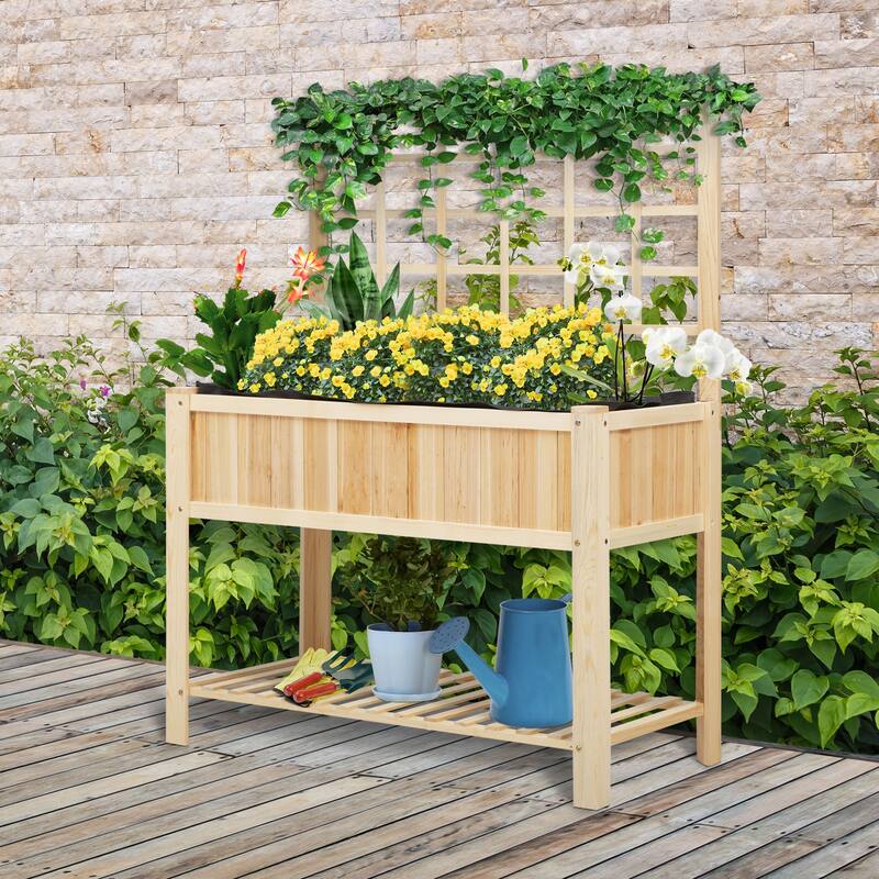 Outsunny 47" x 23" x 35" Wooden Raised Garden Planter Bed with Rear Grid Wall & a Spacious Planting Area for Vegetables - Natural