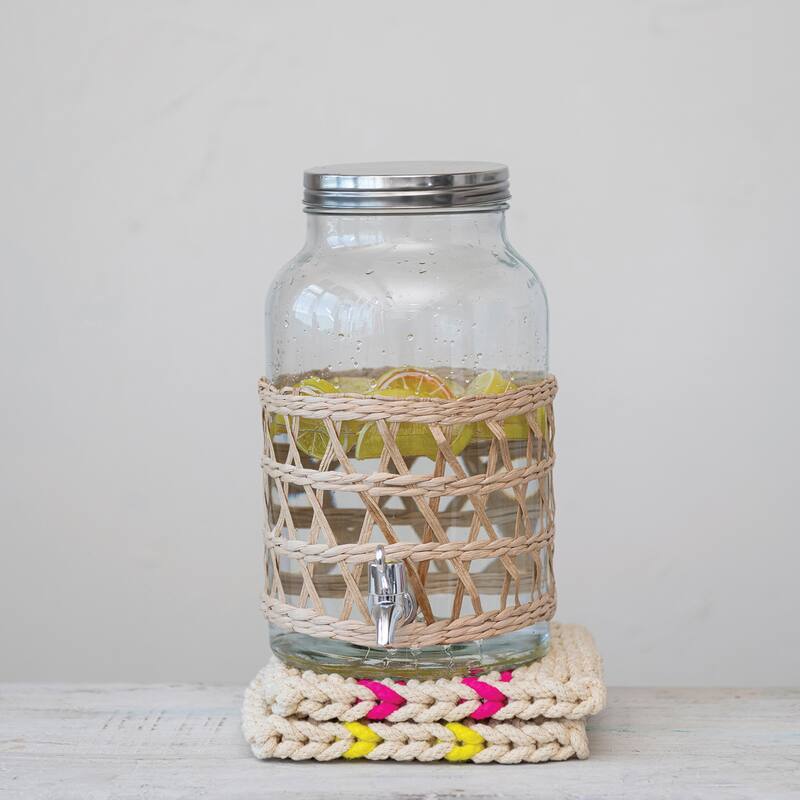 Glass Jar Beverage Dispenser with Woven Seagrass Sleeve - 7.5"L x 7.5"W x 11.8"H - 7.5"L x 7.5"W x 11.8"H