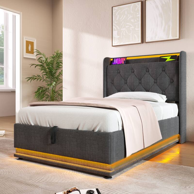 Upholstered Platform Bed with 360 Surround LED Function and USB Type-C Charging