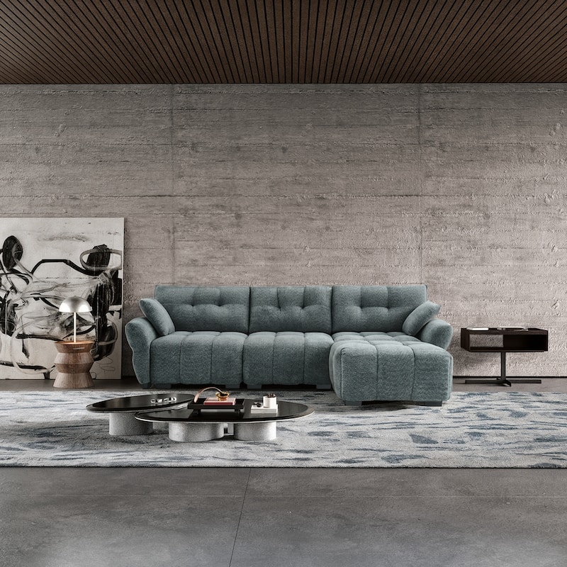 4-Seat Sectional Sofa Couch with Chaise, Tufted L-Shaped Modular Sofa with Pillows, Pocket Spring Cushions & Solid Wood Frame