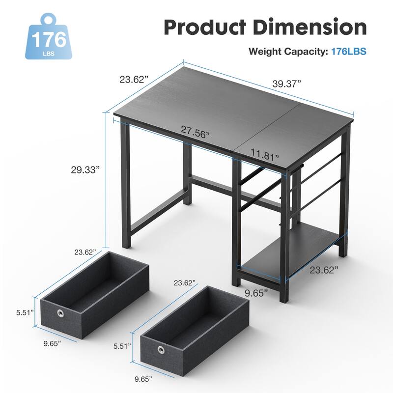 Modern Computer Office Desk with 2 Storage Drawers - 40inch - Black