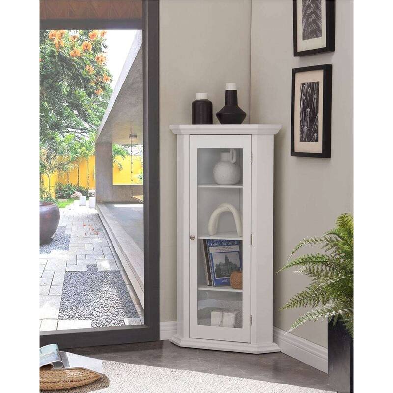 Corner Curio Storage Cabinet with Glass Door, White Finish - White