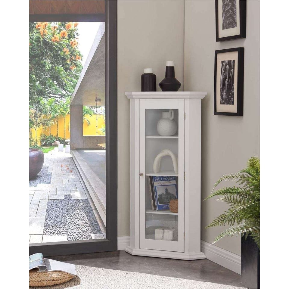 Corner Curio Storage Cabinet with Glass Door, White Finish