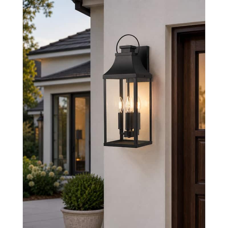 4-light Outdoor Wall Light With Matte-black Lantern & Clear Glass - 22in-4 light sockets - Black