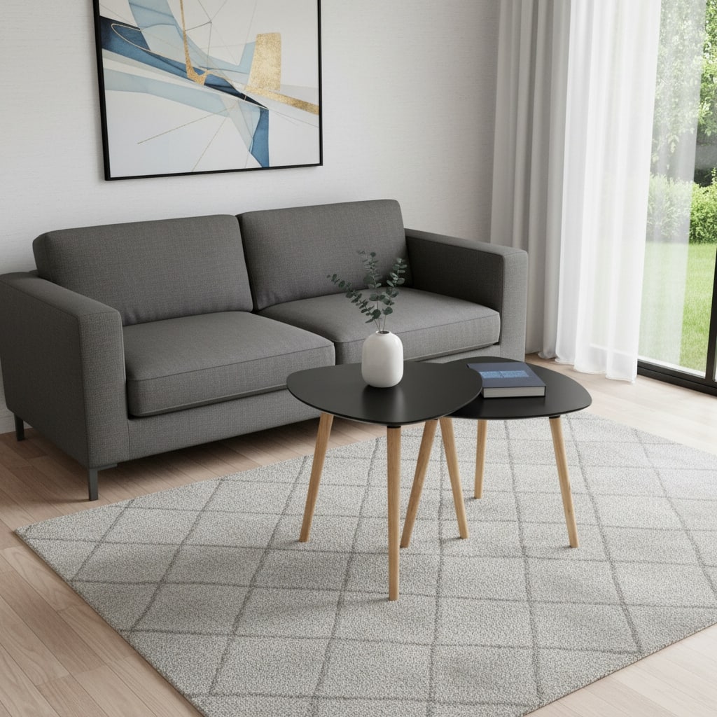 HomeRoots Set of Two Black and Natural Wood Triangular End Tables - 21.65 in. x 21.65 in. x 21.65 in.